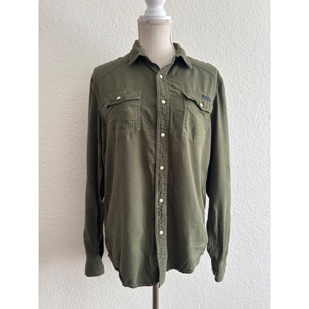 Lucky Brand Utility Shirt Size Medium Olive Green Snap Front Cotton Twill Top